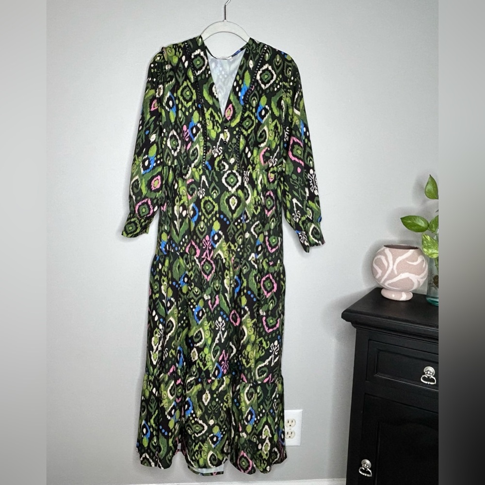 Green multicolored boho print dress